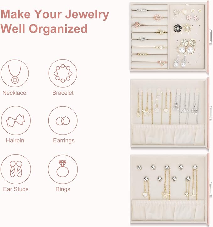 DesignSter Jewelry Box Organizer, Jewelry Box for Women, PU Jewelry Organizer Display Case with Side Drawers, Jewelry Storage for Earring Necklace Ring Bracelet Watch