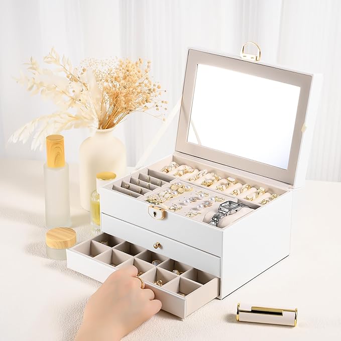 3 Layer Jewelry Boxes for Women with Mirror Large Jewelry Organizer Box with 2 Jewelry Organizer Drawer PU Lockable Elegant Unique Gifts for Women, White