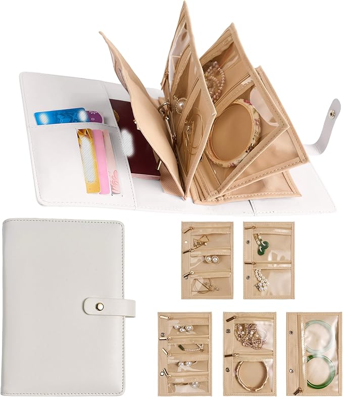 SEVENBEES Women’s Travel Jewelry Case - Jewelry Boxes PU Leather Ring Binder Organizer with Zipper Velvet Jewelry Pouches Bags - Cream White