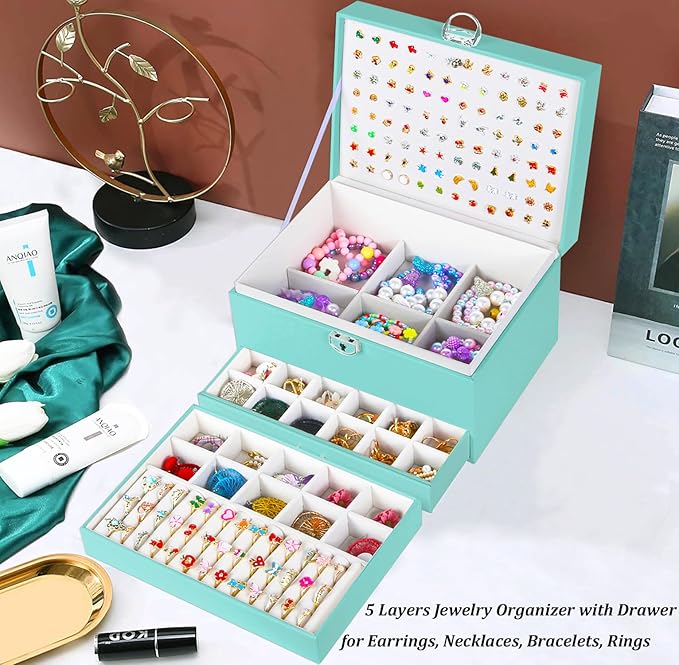 QBestry Earrings Jewelry Box for Girls, 5 Layers Jewelry Organizer with Earring Holder Organizer for Girls Earring Organizer Jewelry Boxes for Women Earrings and Necklaces Jewelry Box Organizer Teal