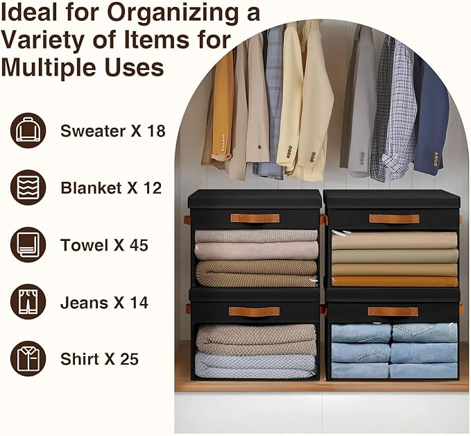 Homsorout Large Storage Bins with Lids - 6 Pack Foldable Decorative Organizers with Clear Windows & Handles, Cube Storage Organizers for Clothes, Blankets, Sweaters, CD, Black