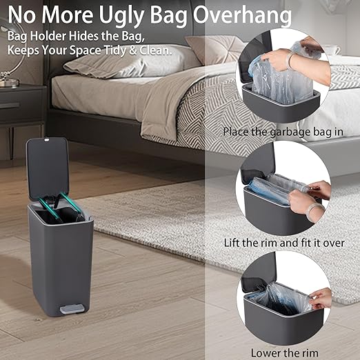 rejomiik Small Bathroom Trash Can with Lid, 2.1 Gallon Step Garbage Can with Handle, Slim Mini Wastebasket Bin for Bedroom, Office, Dorm, Dark Gray