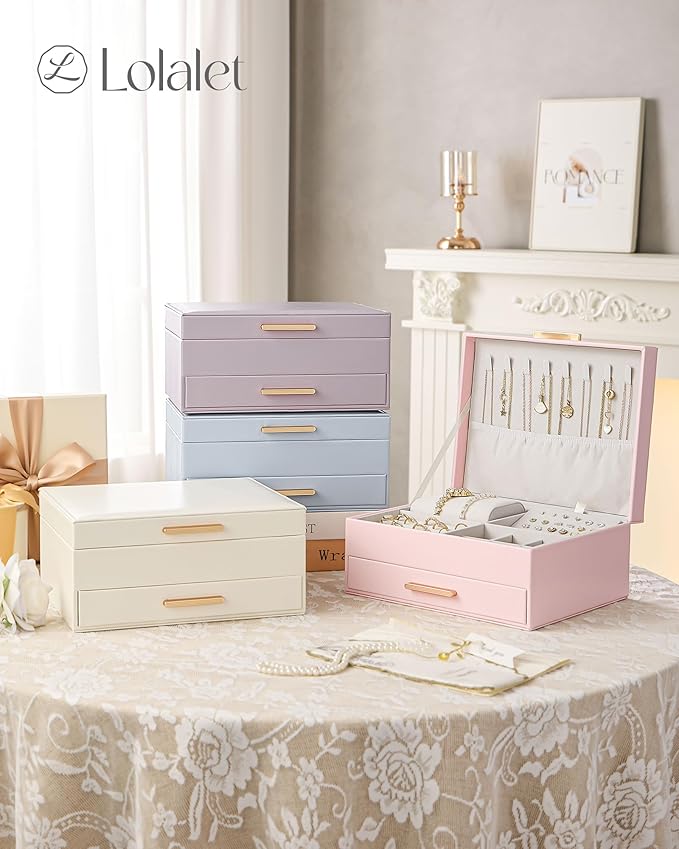 Lolalet 2-Layer Jewelry Box Organizer for Women Girls, Jewelry Storage Case Holder with Drawers for Necklaces Ring Earrings Bracelet Watch, Gifts Choice for Mom Mother’s Day -Blue