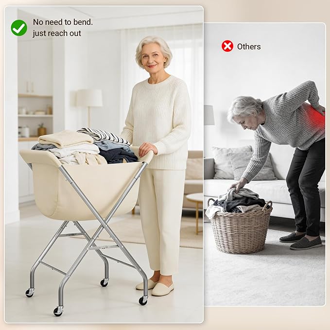 ELYKEN Laundry Cart with Wheels, 33”H Easy Rolling Laundry Hamper with Removable Liner Bag, Sturdy Metal Frame Clothes Basket with 4 Casters and 2 Brakes