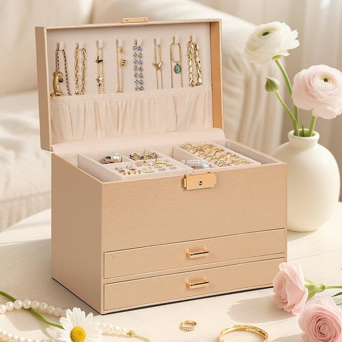AKOZLIN Travel Jewelry Box Organizer Functional 2-trays Leather Jewelry Storage Case with Lockable Portable 2 Drawers for Women Girls Ring Necklace Earring Bracelet