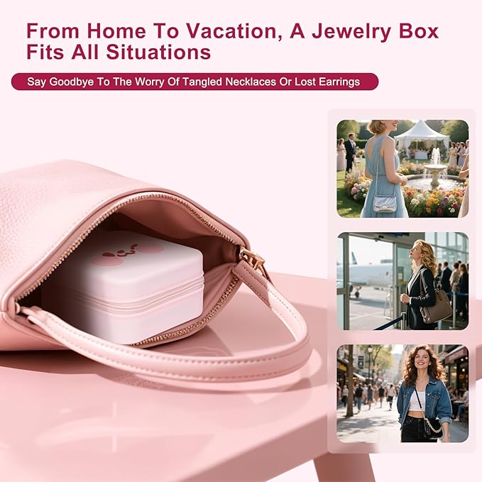 Cute Bunny Travel Jewelry Case with Mirror, Silicone Portable Mini Small Jewelry Box Organizer for Women Girls Mom, Wedding, Birthday Gift - Pink