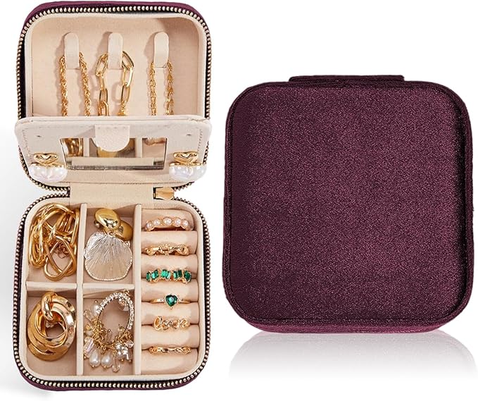 Smileshe Travel Velvet Jewelry Box with Mirror, Mini Gifts Case for Women Girls, Small Portable Organizer Boxes for Rings Earrings Necklaces Bracelets