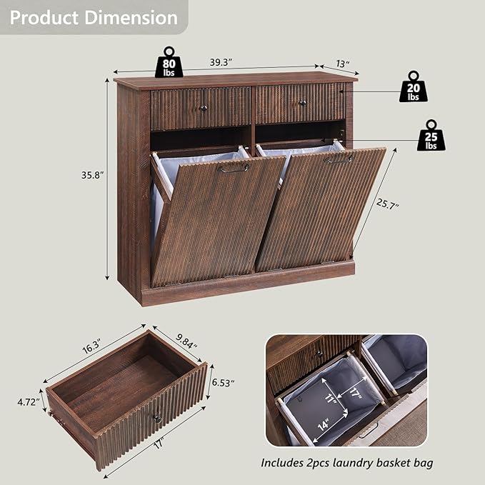 IFBUY Modern Double Tilt-Out Laundry Hamper Cabinet, 20 Gallon Fluted Trash Can Cabinet w/2 Drawers, Wooden Hidden Garbage Can Cabinets w/Laundry Basket, Free Standing for Bathroom and Kitchen, Brown