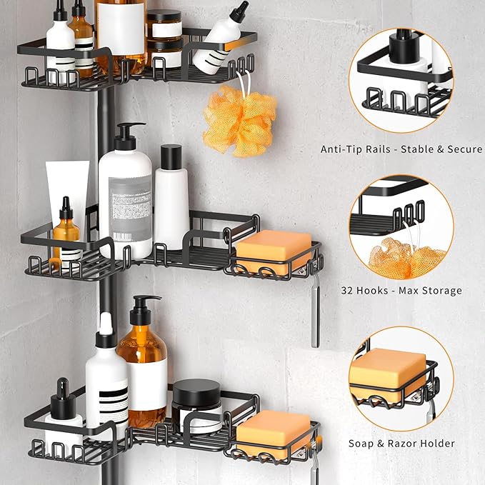 KEGII Shower Caddy Tension Pole – 4-Tier Adjustable Corner Bathroom Organizer Shelves with 2 Soap Holders, Hooks, Floor to Ceiling Storage Rack for Families & Renters, 25-114.2 Inch