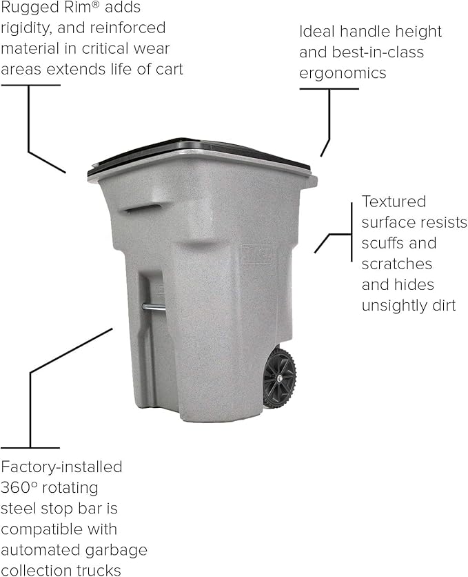 Toter 79296-R1209 96 Gallon Blackstone Trash Can with Wheels and Attached Lid