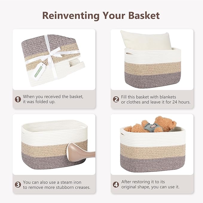 ECDYQXVU Cotton Rope Basket, Storage Baskets with Handle, 15x10x9 Inch Woven Basket for Shelves, Laundry, Towels, Clothes, Books (White Brown 3 Pack)