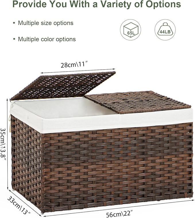 SETVSON Storage Basket with Lid Rattan Woven Storage Baskets with 2 Separate Lids, 17.2 Gallon (65 L), 22 x 13 x 13.8 Inches,Foldable, 2 Removable Liner Bags Handles for Bedroom, Laundry Room Brown