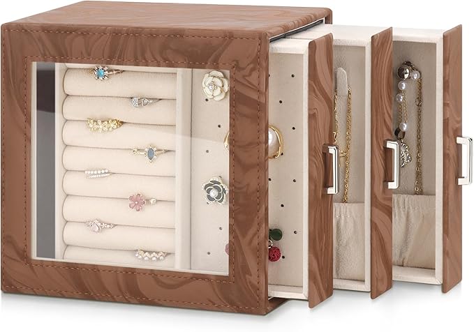 DesignSter Jewelry Box Organizer, Jewelry Box for Women, PU Jewelry Organizer Display Case with Side Drawers, Jewelry Storage for Earring Necklace Ring Bracelet Watch
