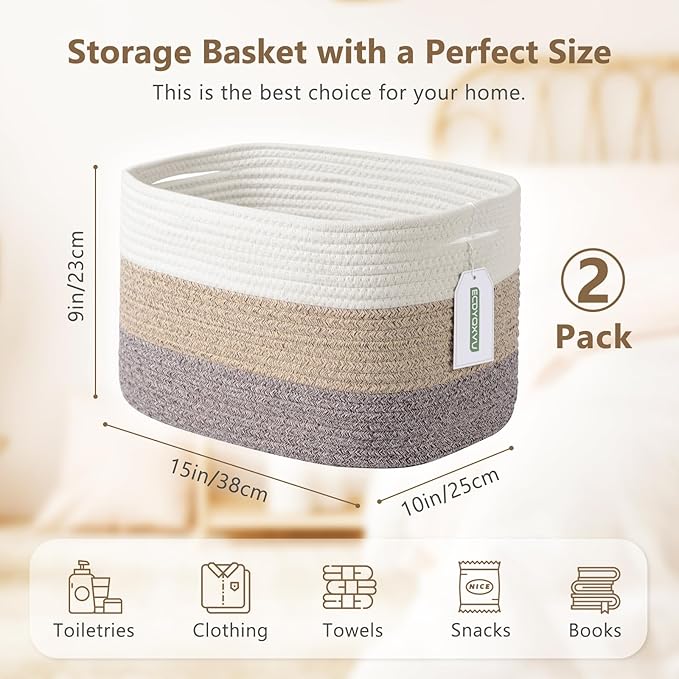 ECDYQXVU Cotton Rope Storage Basket, 15x10x9 Inches, Woven Basket for Shelves, Clothes, Towels, Books, and Laundry, White Brown (2 Pack)