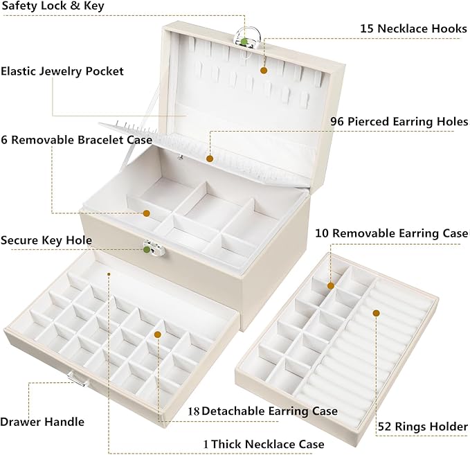 QBestry Earrings Jewelry Box for Girls, 5 Layers Jewelry Organizer with Earring Holder Organizer for Girls Earring Organizer Jewelry Boxes for Women Earrings and Necklaces Jewelry Box Organizer Beige