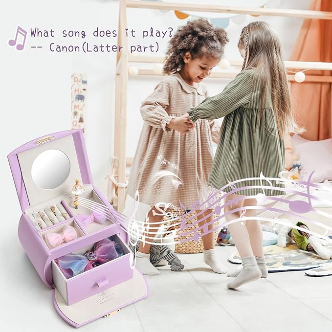 VLANDO Kids Musical Jewelry Box for Girls with Drawer, Music Box with Ballerina and Stickers for Birthday Bedroom Decor, Gifts for Girls Kids Christmas Thanksgiving Gifts 2024 - Purple