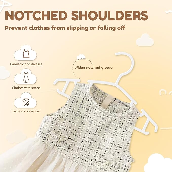 VILICK Kids Plastic Hangers, Baby Clothes Hangers for Closet 100 Packs Non-Slip Toddler Hangers for Infant Child Clothing, Small Children, for Pants Coats Skirts (White)