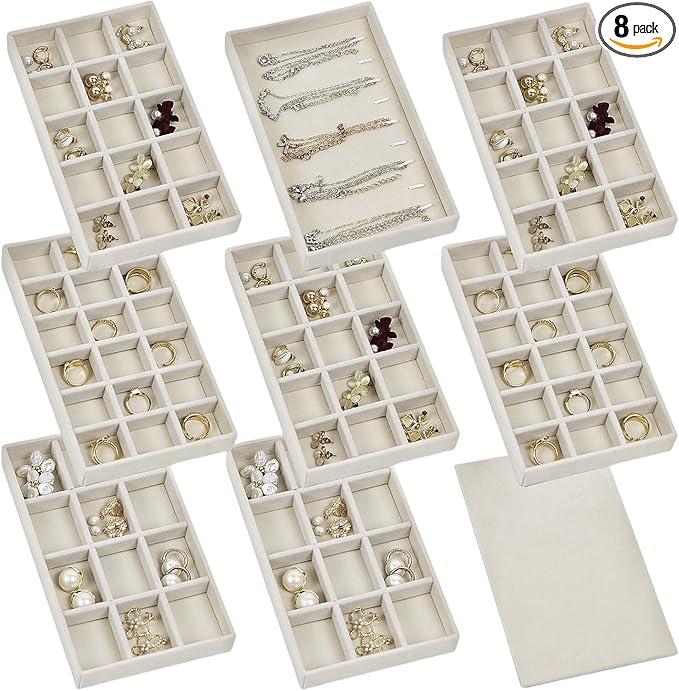 Set of 8 Stackable Jewelry Organizer Trays with 1 Lid for Drawer & Dresser Organizer, Adjustable Velvet Jewelry Box Tray Earring Organizer Necklace Storage Ring Bracelet Display Case (Beige)