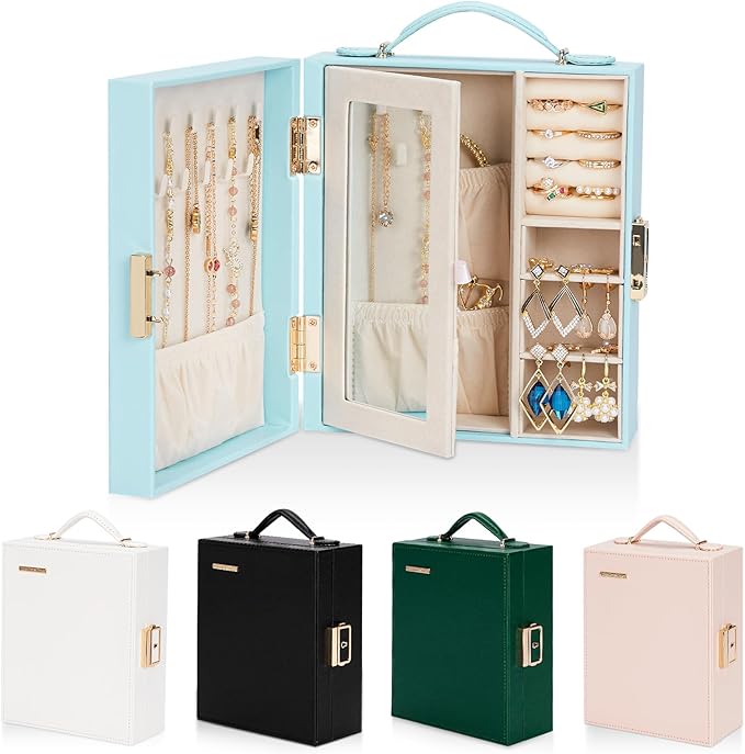Enthralite Large Travel Jewelry Case: Portable Necklace Box with Mirror - PU Leather & Velvet Lined Jewelry Organizer for Ring Earring Bangle Bracelets Watch - Birthday Gift for Her