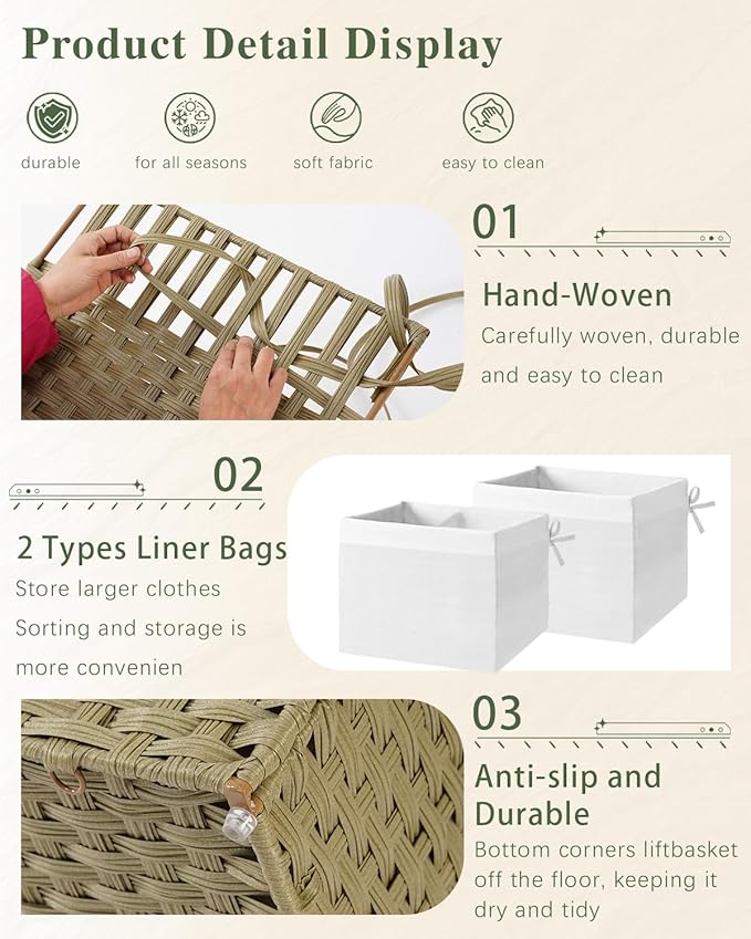 SETVSON Storage Basket with Lid Rattan Woven Storage Baskets with 2 Separate Lids, 17.2 Gallon (65 L), Wicker Storage Bins Foldable, 2 Removable Liner Bags Handles for Bedroom, Laundry Room Green
