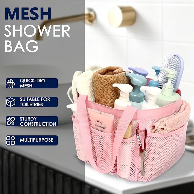 GYEUKHAM Large Mesh Shower Caddy Portable with 8-Pocket for College Dorm Room Essentials,Quick-Dry Handing Shower Basket Tote Bag for Toiletry, Bathroom,Beach,Camp,Gym,Pink