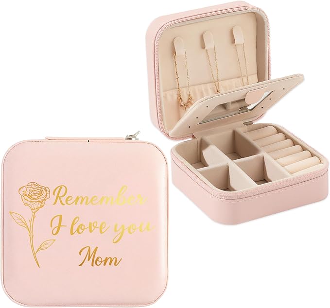 Mom Gifts Remember I Love You Mom Pink Jewelry Box Valentines Christmas Mothers Day Gifts for Moms from Daughter Son Kids Easter Birthday Gift for Moms PU Leather Portable Travel Jewelry Case