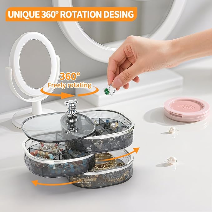 LETURE 3-Layers Rotatable Jewelry Organizer Storage Box, Clear Ripple Jewelry Holder Case for Ring Earring Necklaces Bracelets Makeup Hair Accessories, Small Rotating Jewelry Tray for Women (Grey)