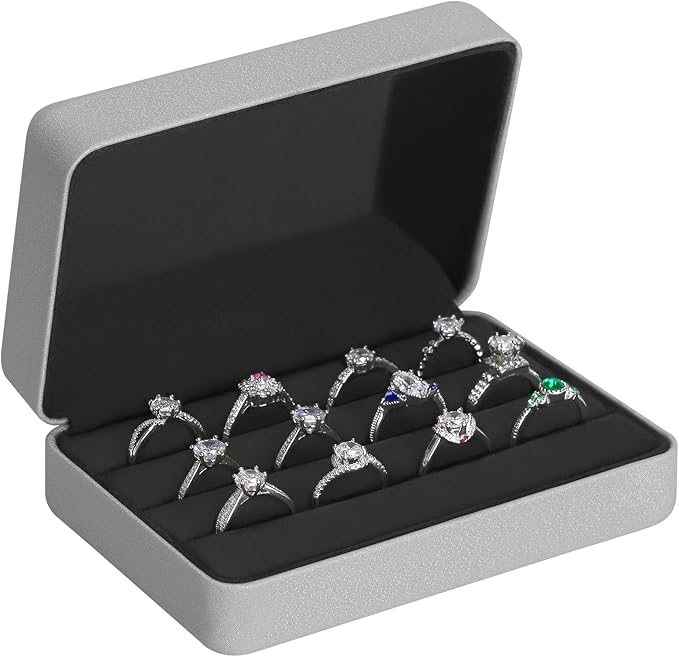 KUKUVR Velet Ring Storage Box for Multiple Rings, Travel Jewelry Stud Earrings Holder Case, 3 Slot Portable Ring Display Organizer Case (Silver)