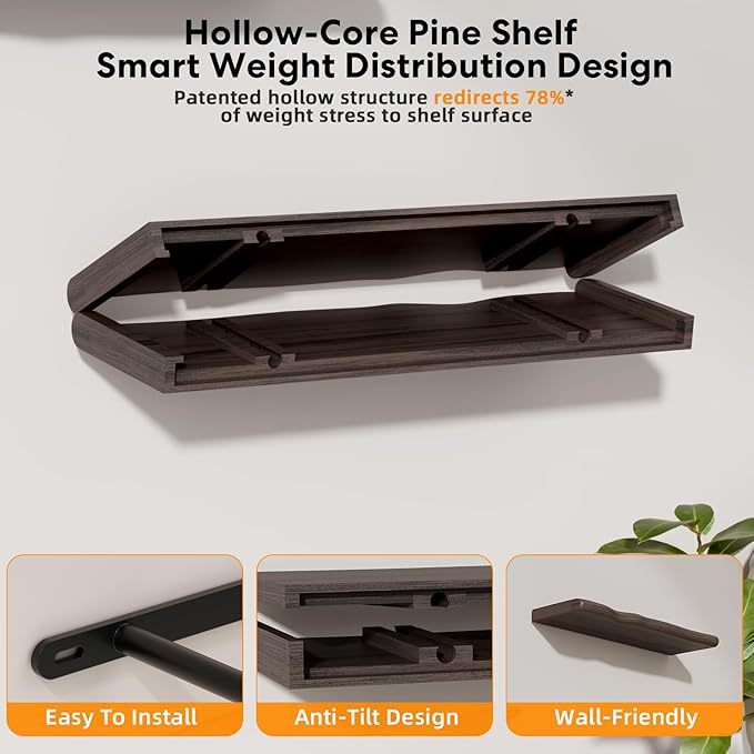 Floating Shelves for Wall Rustic Farmhouse 24 Inch Floating Shelf Bathroom Wooden Shelves for Wall Mounted Live Edge Pine Shelf with Unique Natural Grain for Living Room Bedroom Kitchen (Grey)