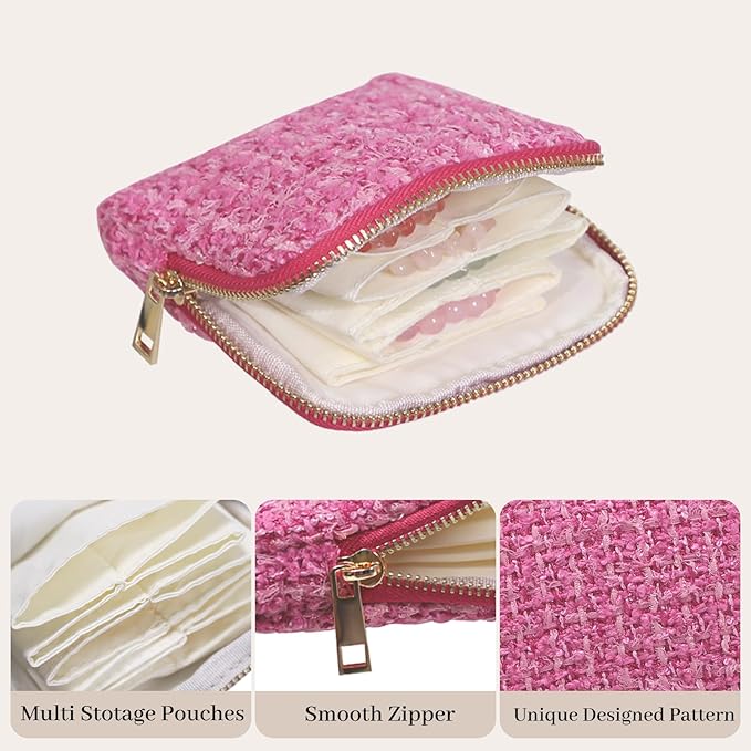 Stratalife Jewelry Travel Case - Small Jewelry Pouch for Bracelets Necklace Bangles Healing Crystal, Portable Earring Ring Organizer for Traveling with Zipper Gift for Women, Rose Pink