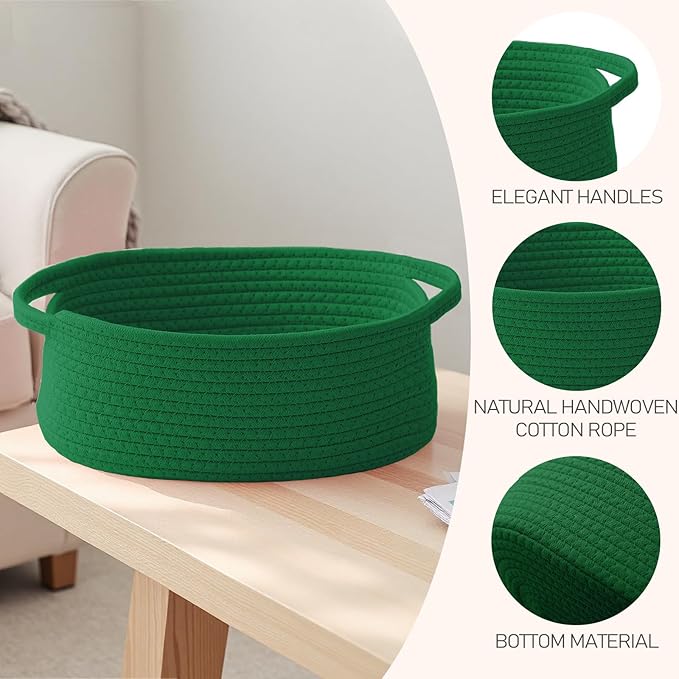 JMvicyroam Woven Basket,Small Rope Storage Bin with Handles & Ribbon Bag, Organizer for Shelves Closets,Gift Basket Empty for Birthday,Books,Dog Toys, Green
