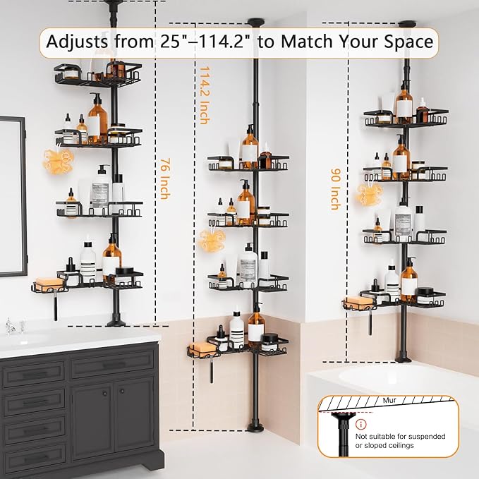 KEGII Shower Caddy Tension Pole – 4-Tier Adjustable Corner Bathroom Organizer Shelves with 2 Soap Holders, Hooks, Floor to Ceiling Storage Rack for Families & Renters, 25-114.2 Inch