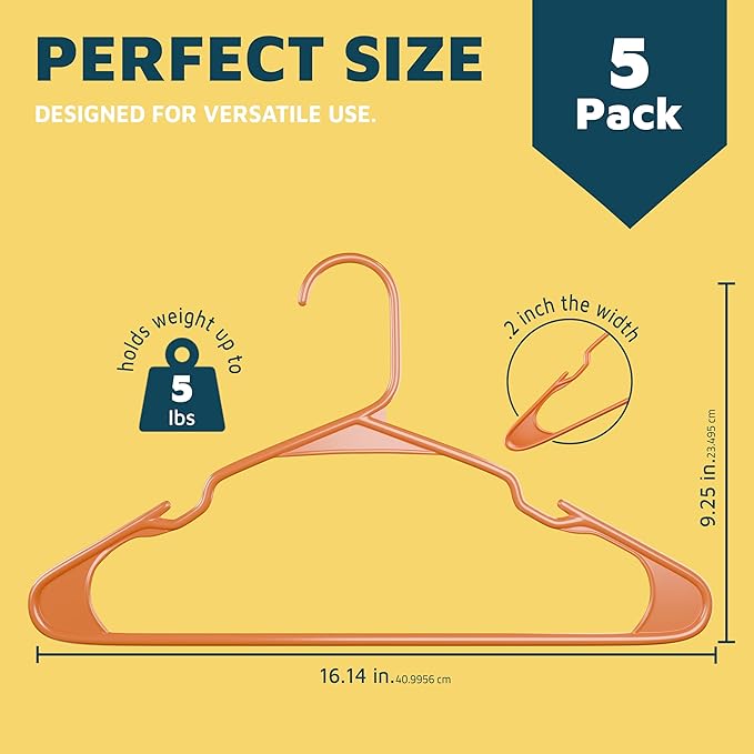 Lifemaster Plastic Clothes Hangers – Heavy Duty Hanger Set, for Organizing Clothes, Dresses, and Coat, Holds Up to 5 lbs, Space-Saving Hangers with Non-Slip Shoulder Grooves, Pack of 5, Orange