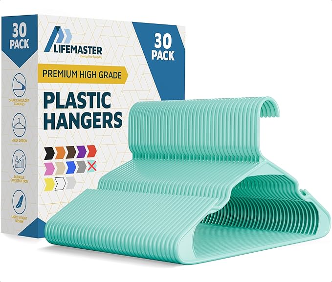 Lifemaster Plastic Clothes Hangers – Heavy Duty Hanger Set, for Organizing Clothes, Dresses, and Coat, Holds Up to 5 lbs, Space-Saving Hangers with Non-Slip Shoulder Grooves, Pack of 30, Aqua