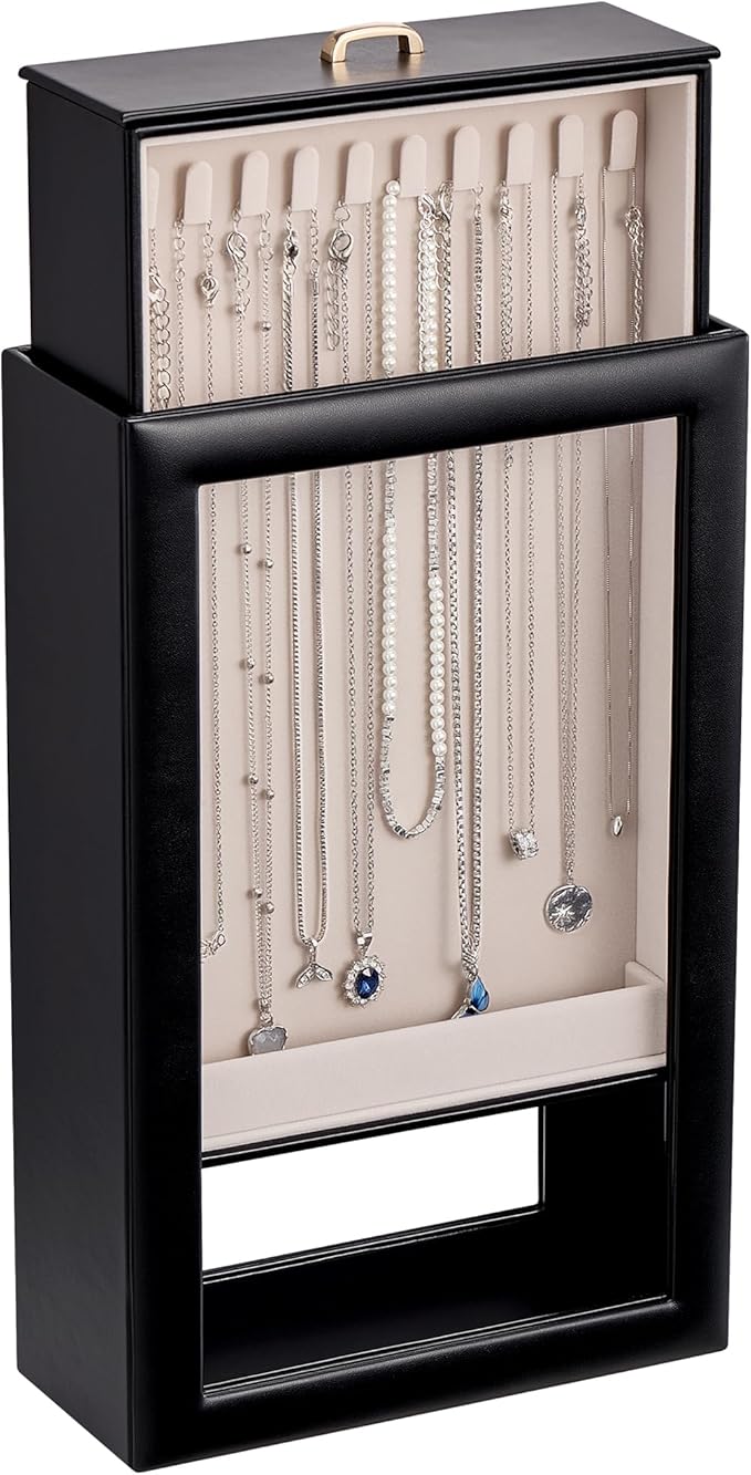 Lolalet Upgraded Double-Sided Hanging Necklace Organizer Box, Jewelry Display Case with Double-Sided Clear Window for Necklaces Bracelets, Tangle-Free Necklace Storage Box, Mothers Day Gift