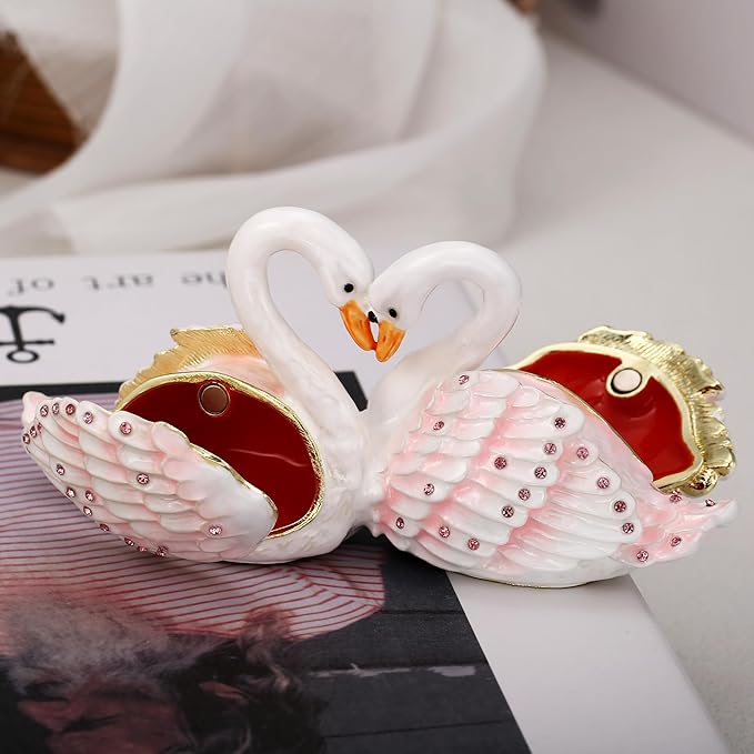 Hand Painted Animal Trinket Box for Home Decor, Hinged Jewelry Organizer Storage, Unique Personalized Collectible Keepsake Figurine Handmade Decorative Ornament Gifts (Swan Couple)