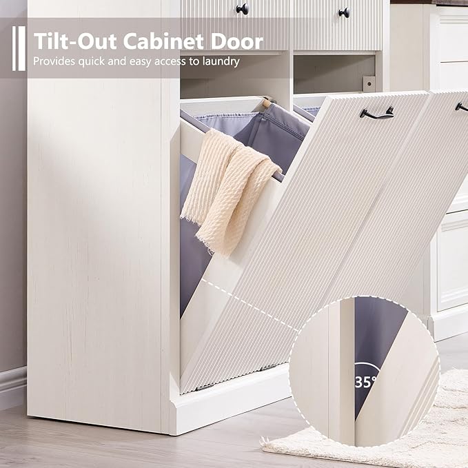 IFBUY Modern Double Tilt-Out Laundry Hamper Cabinet, 20 Gallon Fluted Trash Can Cabinet w/2 Drawers, Wooden Hidden Garbage Can Cabinets with Laundry Basket, for Bathroom and Kitchen, Antique White