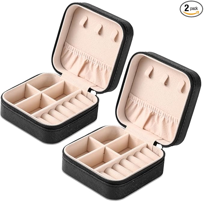Neveika 2pcs Portable Travel Mini Jewelry Box Leather Jewellery Ring Organizer Case Storage Gift Box Girls Women (black).