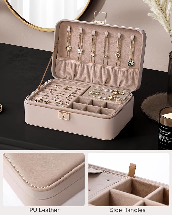 Jewelry Box, 2-Layer Jewelry Holder Organizer with Lock, Removable Jewelry Tray for Earrings Necklaces Bracelets, Light Taupe