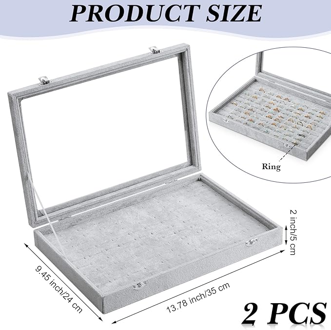 Yinkin 2 Pcs 100 Slots Ring Organizer Box with Transparent Glass Lid Necklace Display Tray Ring Case Velvet Jewelry Holder (Gray)