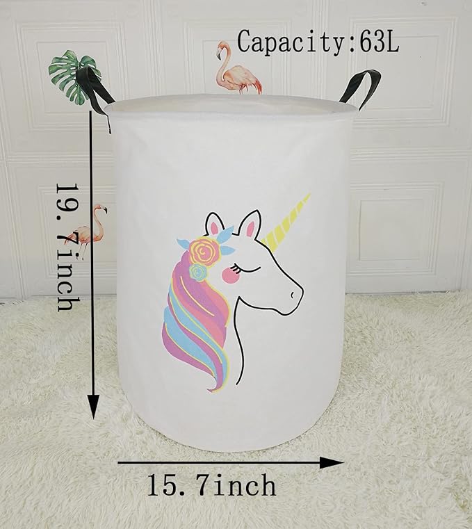 Collapsible Kids Laundry Basket Clothes Hamper, Foldable Storage Organizer Bin, Toy Clothes Storage with Handles for Boys Girls Bedroom, Room Decor Unicorn