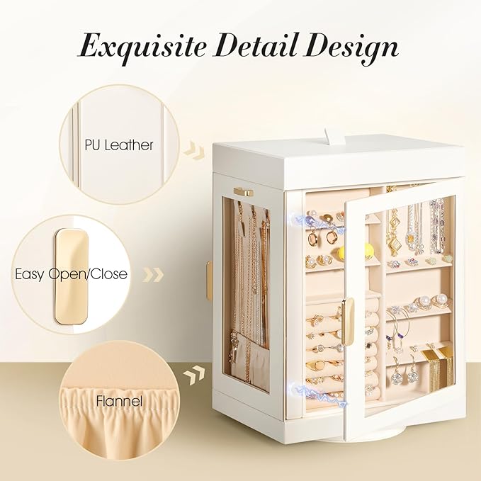 TidyStash 360° Rotating Jewelry Organizers and Storage, Large Jewelry Boxes for Women Necklace, Ring Earring Storage, Vertical Accessory Organizers and Storage, Cream White