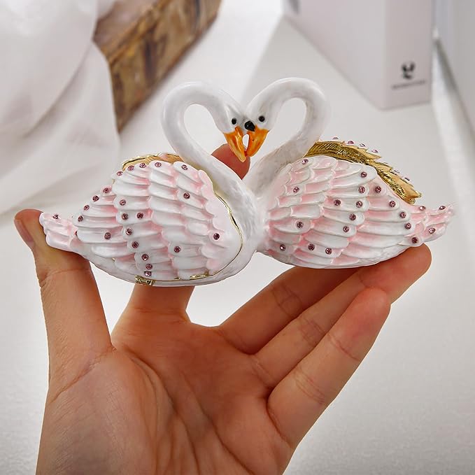 Hand Painted Animal Trinket Box for Home Decor, Hinged Jewelry Organizer Storage, Unique Personalized Collectible Keepsake Figurine Handmade Decorative Ornament Gifts (Swan Couple)