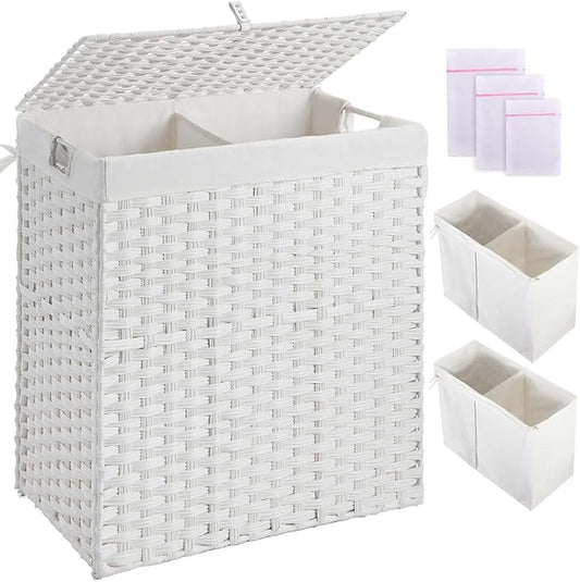 Greenstell Laundry Hamper with lid, No Install Needed, 110L Wicker Laundry Baskets Foldable 2 Removable Liner Bags, 2 Section Clothes Hamper Handwoven Rattan Laundry Basket with Handles, White