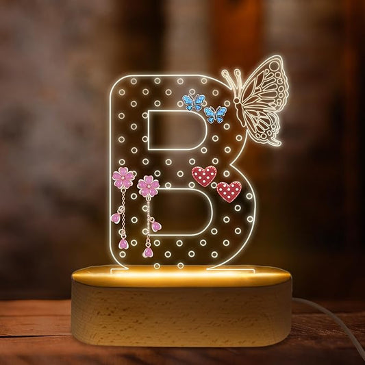 COSHAYSOO Stud Earring Holder Organizer Initial Acrylic with Butterfly LED Decoration Women Teacher Nurse Doctor Appreciation Birthday Gift Ideas, Flat Back Pearl Heart Earrings Display Rack Letter B