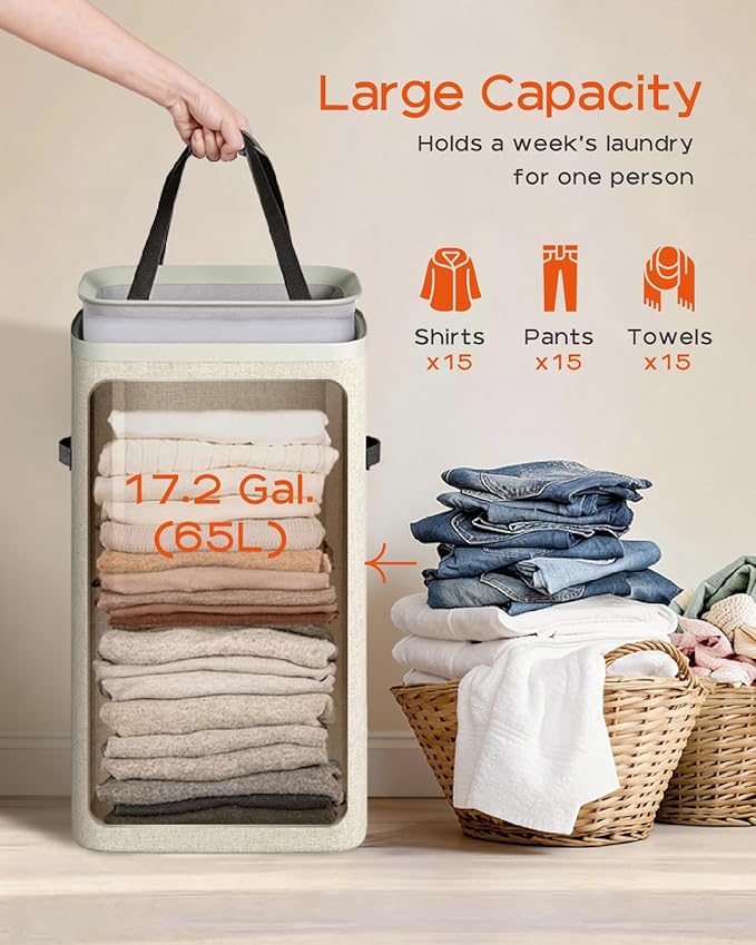 CASAMAYA Laundry Basket with Lid, Slim Laundry Hamper, 65L collapsible Laundry Organizer, Easy Assembly, with Handles and Removable Liners, 15.4 x 8.7 x 29.5 Inches, Beige JSP901M