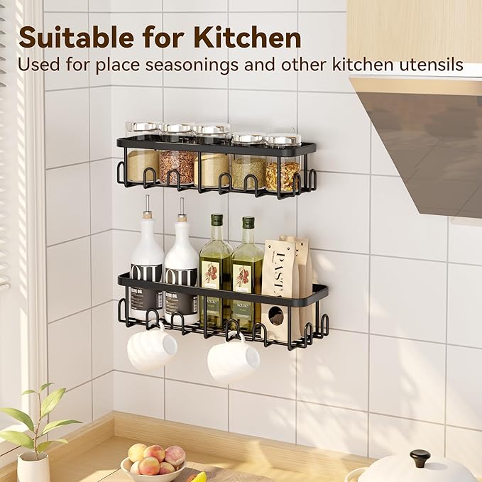 YASONIC Adhesive Shower Caddy, 2 Pack Black Shower Shelves for Inside Shower, Rustproof Shower Organizer with Soap and Toothbrush Holder, No Drilling Shower Storage for Bathroom/Kitchen
