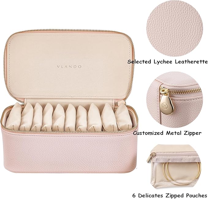 VLANDO Travel Jewelry Box Organizer – Portable PU Leather Jewelry Case with 6/8/12 Zippered Pouches, Compact Storage for Earrings Rings Necklaces Bracelets, Rosy Mauve