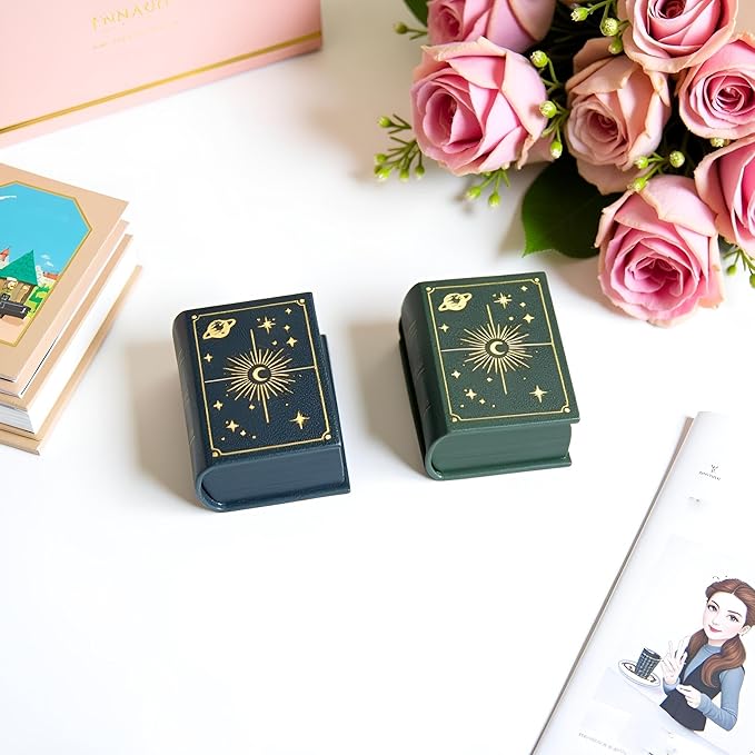 Book Shaped Ring Box - Vintage Engagement Ring Box with Hinged Lid for Proposal Engagement Wedding, Proposal Ring Case with Magnetic Closure-PRB011-Green