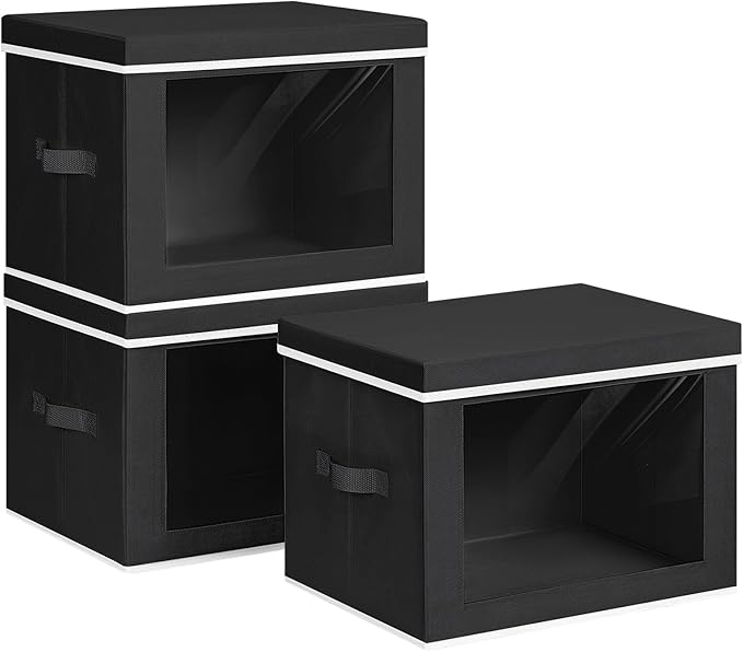 Homsorout Large Storage Baskets Bins with Lids - Stackable Cube Bins for Closet, 3 Pack Black Windows Organizer Bins, Home Organizers and Storage for Clothes, CD, Towels
